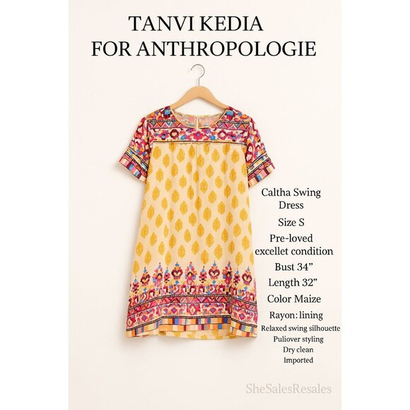 Anthropologie Tanvi Kedia Caltha Swing Dress Maize Yellow Print Boho Size S - Picture 2 of 4